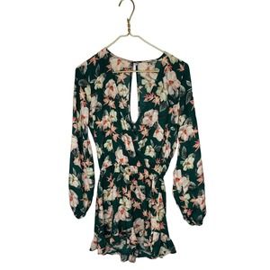 Show Me Your Mumu Rocky Romper Womens Small Green Floral Print Long Sleeve VNeck